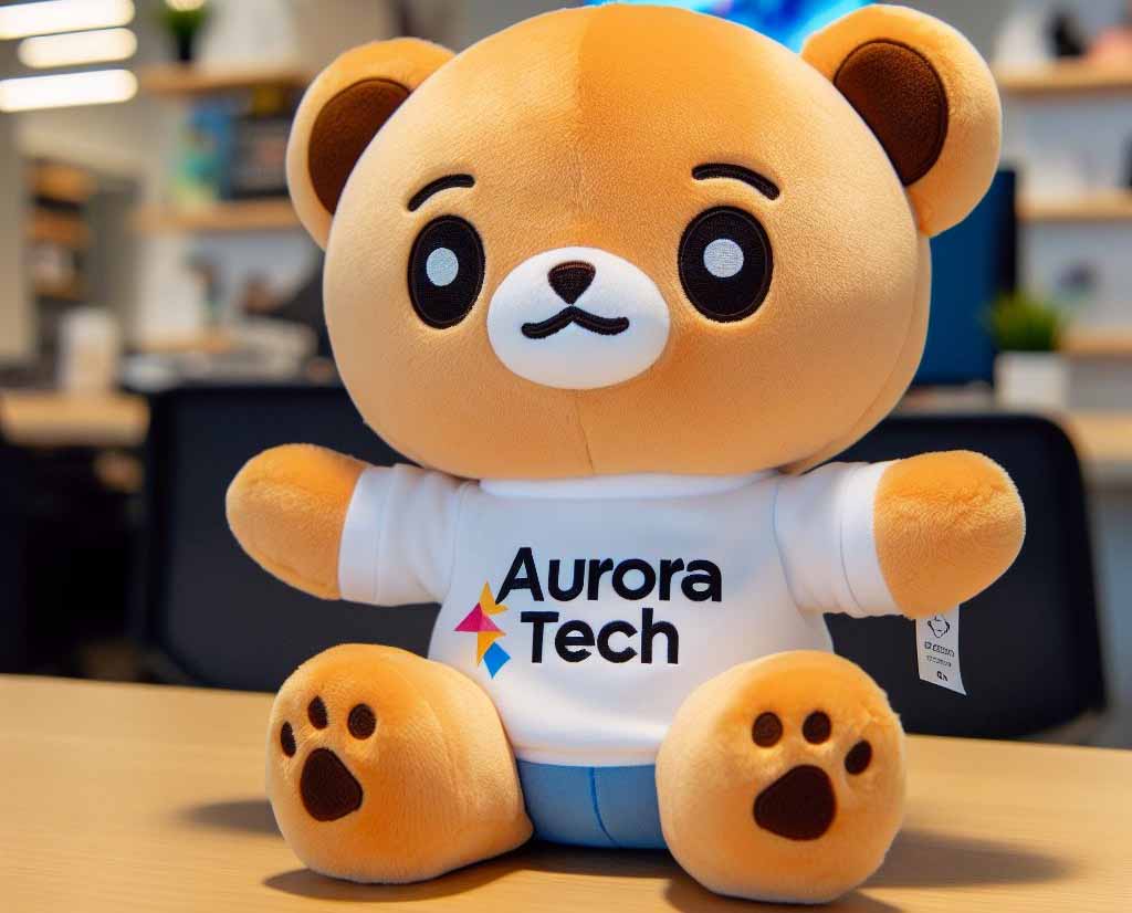 Cute teddy bear plush wearing a white “Aurora Tech” T-shirt, sitting on a table in an office setting.
