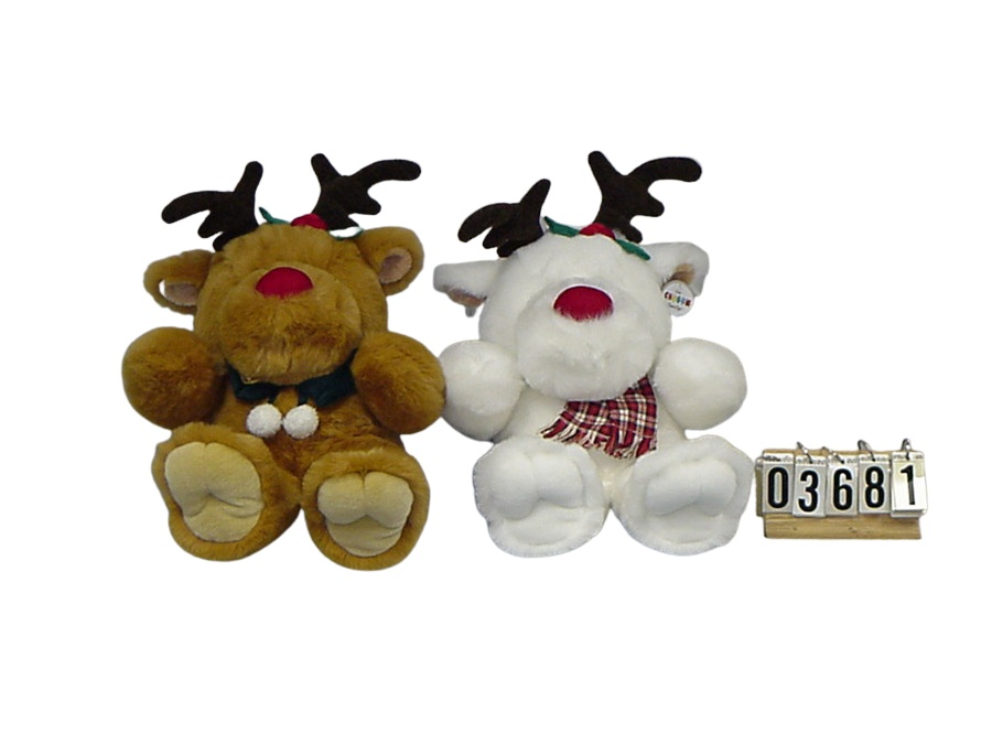 Two reindeer plush toys with antlers on a white background, one brown and one white, shown beside a small number display.