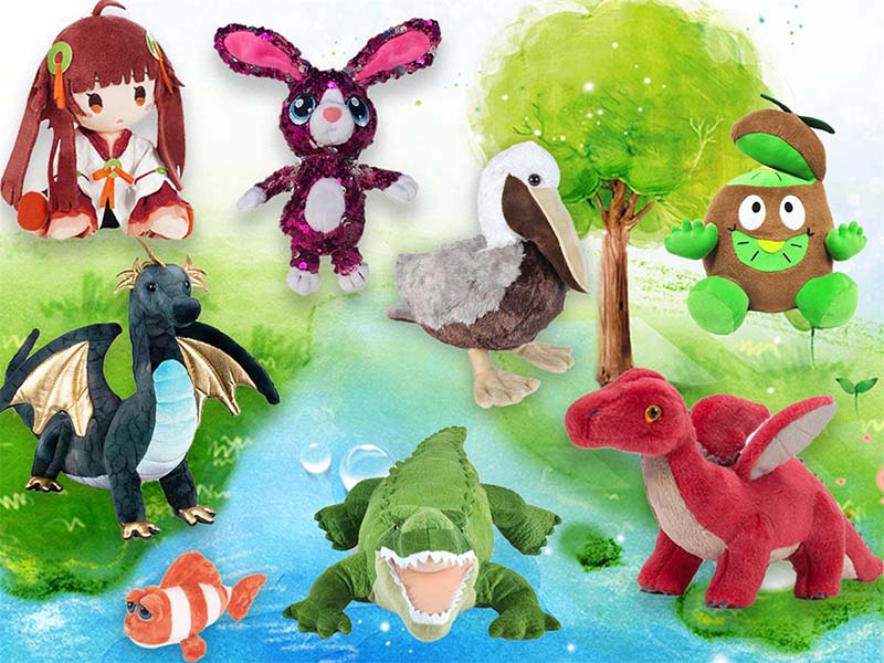Collage of custom plush designs on a nature-themed background, including a bunny, dragon, crocodile, dinosaur, bird, fish, and character dolls.