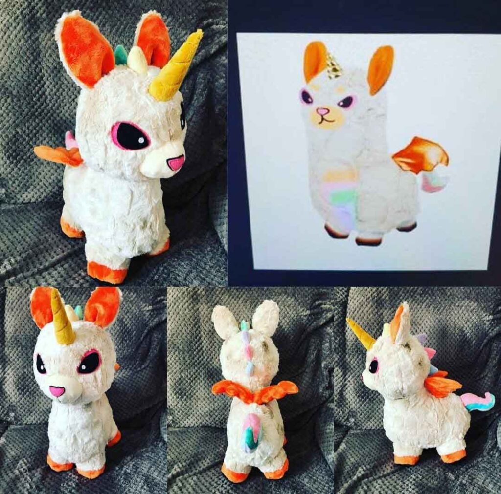 Handmade unicorn plush toy shown from multiple angles alongside original character design reference