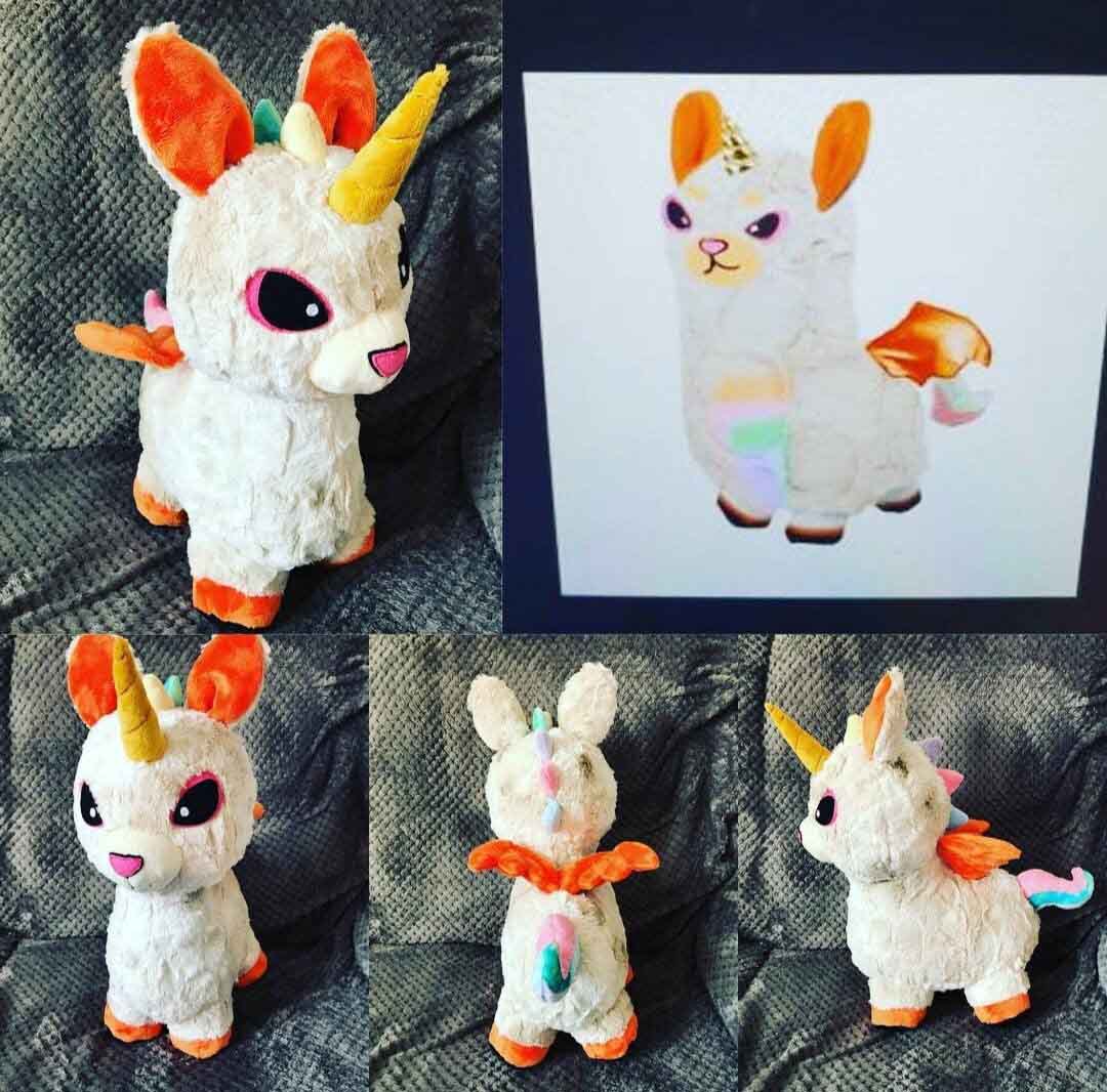 Handmade unicorn plush toy shown from multiple angles alongside original character design reference