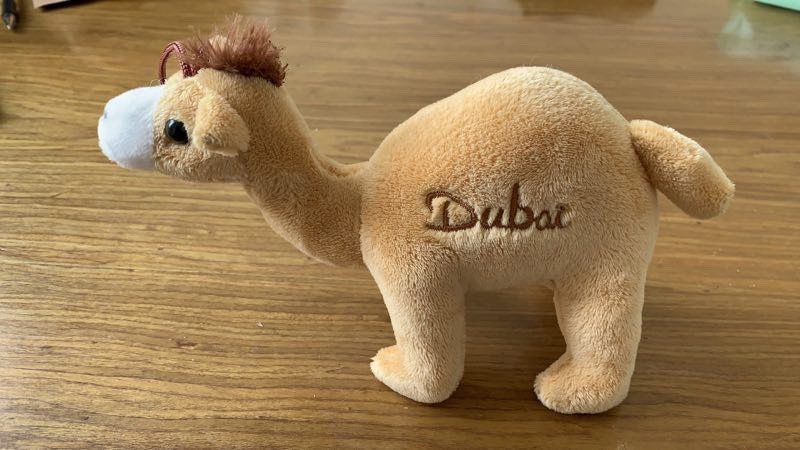 Beige camel plush toy with “Dubai” embroidery standing on a wooden table, side view.
