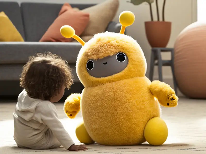 Toddler sitting on the floor facing a large yellow plush toy with antennae in a cozy living room.