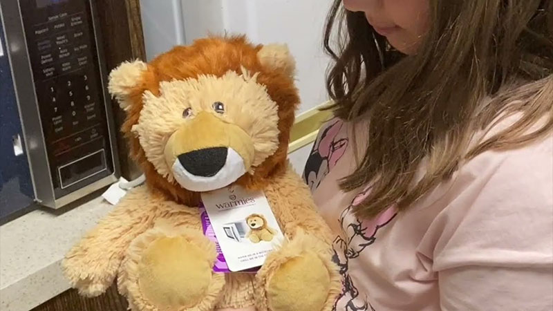 Child holding a lion-shaped microwavable stuffed animal with a product tag, standing next to a microwave on a kitchen counter