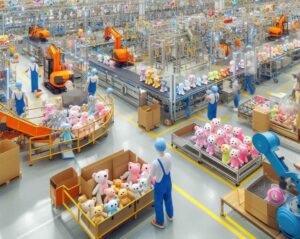 A conceptual illustration of automated plush toy manufacturing, representing scalable production systems, process standardization, and future-oriented manufacturing efficiency.