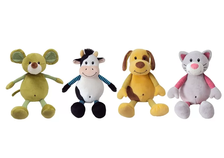 A set of custom plush animal toys featuring different characters, colors, and fabric combinations, showcasing flexible design capability and consistent manufacturing quality.