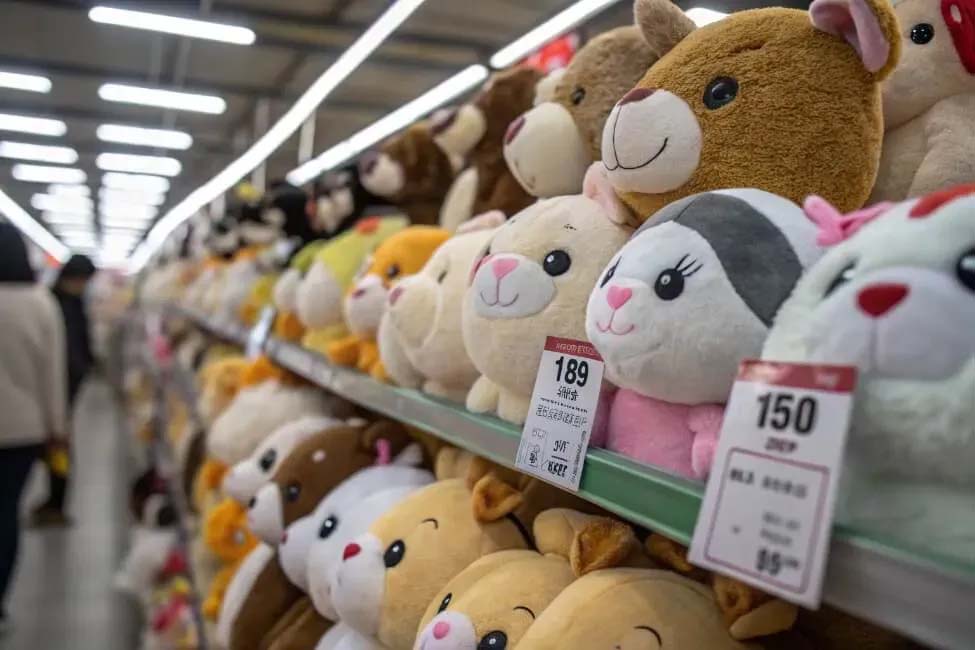 Rows of soft plush toys neatly arranged on store shelves with visible price tags, showcasing a wide selection in a retail environment.