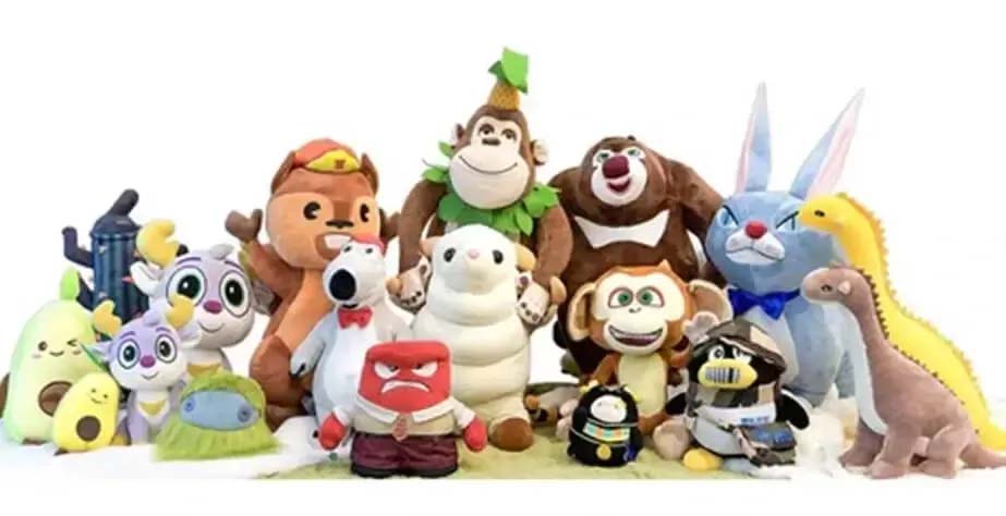 Assorted cartoon-style plush characters displayed together, highlighting creative designs and detailed craftsmanship.