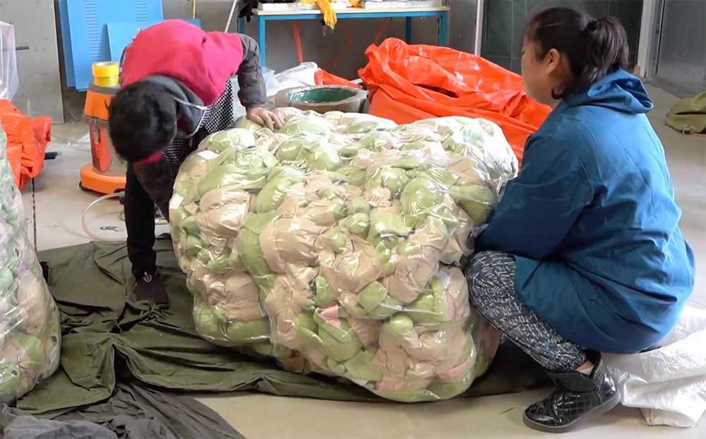 Plush toys are compressed and packed to reduce volume for efficient bulk shipping and storage.