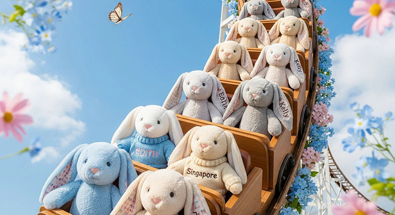 Soft bunny plush toys arranged on a decorative ride setting, highlighting gift-ready presentation and personalized embroidery details.