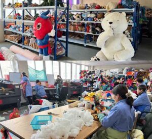 Upper image shows a plush toy sample room with various finished mascots and stuffed animals displayed on shelves. Lower image shows factory workers hand-stuffing and sewing plush toys in a production workshop environment.