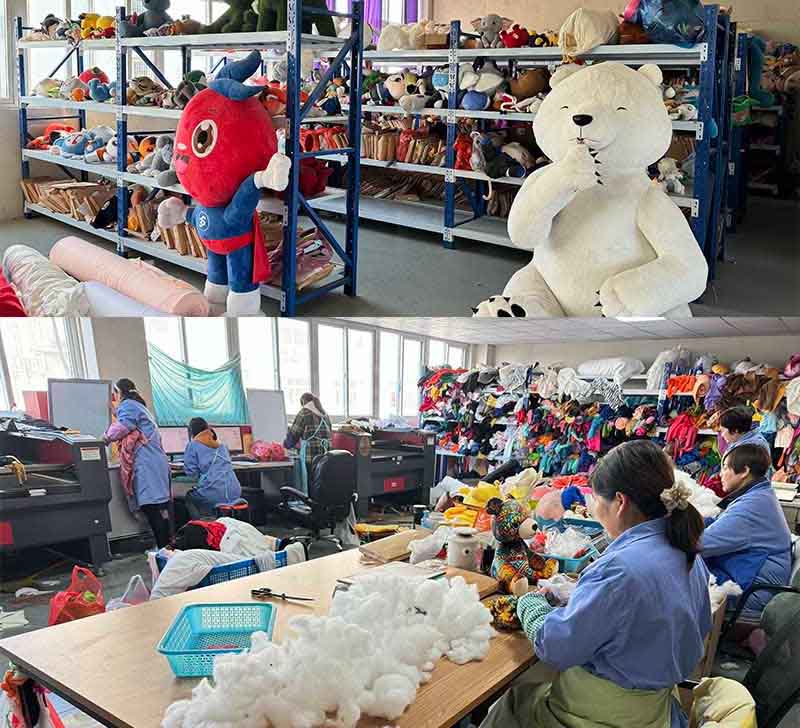 Upper image shows a plush toy sample room with various finished mascots and stuffed animals displayed on shelves. Lower image shows factory workers hand-stuffing and sewing plush toys in a production workshop environment.