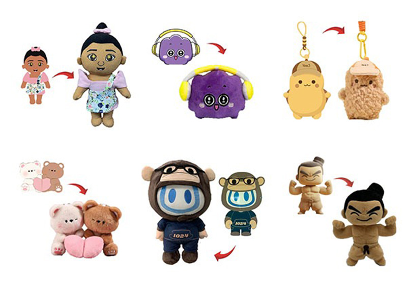 Examples of custom plush development showing original character illustrations transformed into finished stuffed toys and keychains, demonstrating the OEM/ODM process from concept design to production sample.