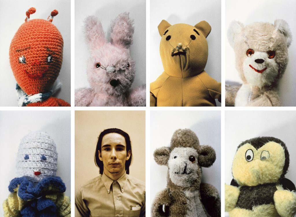 A collage featuring various handmade and vintage plush toys with different textures and styles, highlighting unique character designs and aged craftsmanship.