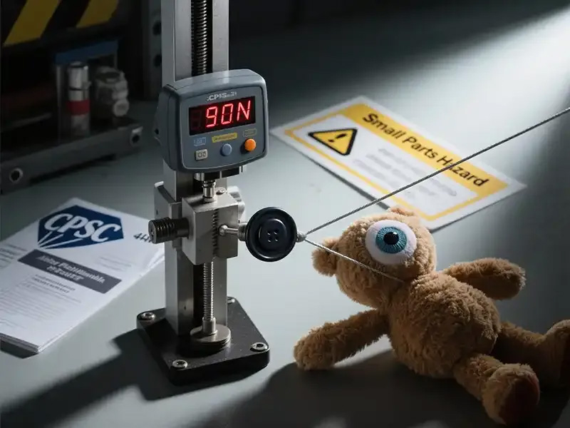 A plush toy undergoing a mechanical pull test to measure attachment strength of small parts, ensuring compliance with toy safety standards.