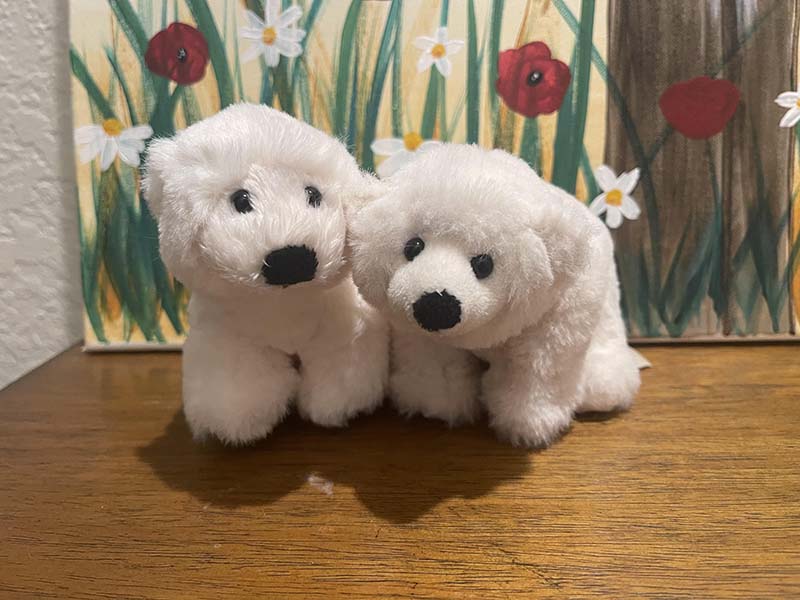 Two soft polar bear plush toys displayed on a wooden surface, featuring fluffy white fabric and simple embroidered facial details.