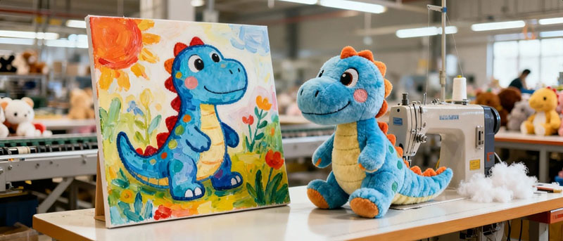 A plush dinosaur prototype displayed beside its original design artwork in a toy manufacturing workshop, illustrating the plush toy sampling and development process.