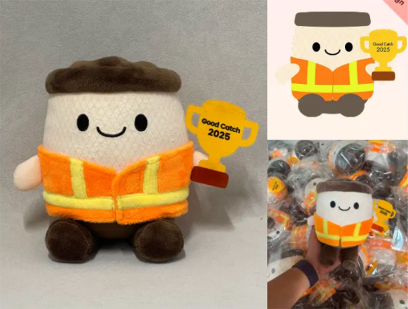 A custom-designed plush character shown from original artwork concept to finished sample and bulk production, highlighting OEM development, logo application, and branded promotional merchandise manufacturing.