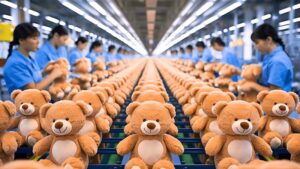 Rows of teddy bears move along a large production line while workers carefully assemble and inspect each toy in a busy plush toy factory. The image highlights mass production efficiency, quality control, and the organized manufacturing process behind stuffed toy production.