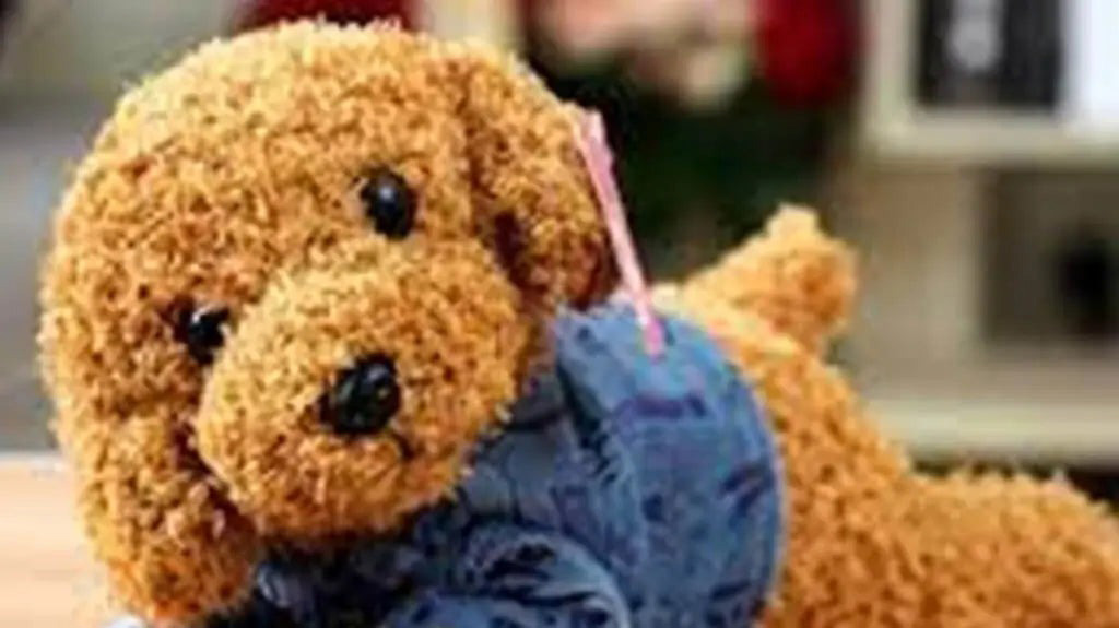 A brown plush dog toy with curly, fluffy fur is shown in a close-up view, creating a cozy and comforting impression. The toy’s soft texture, rounded facial features, and cuddly appearance highlight its appeal as a warm and lovable stuffed animal.