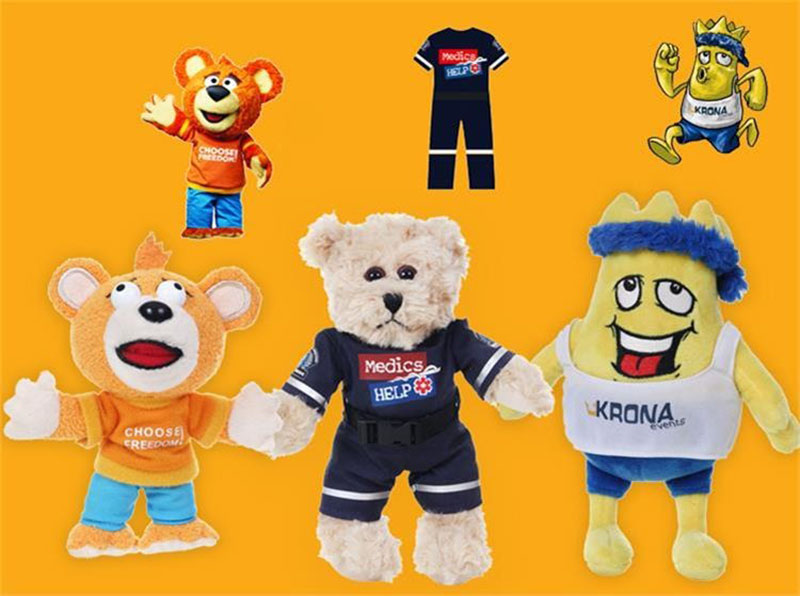 A selection of branded plush mascots featuring custom outfits, printed logos, and unique character designs, demonstrating OEM/ODM manufacturing capabilities for promotional and corporate projects.