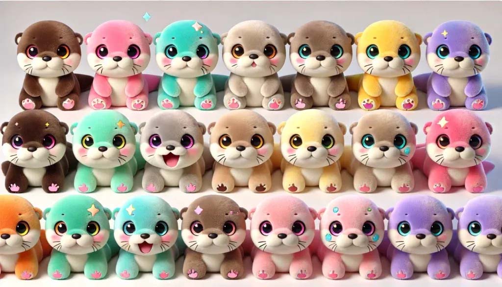 A lineup of small plush animal toys displayed in multiple pastel and vibrant color variations, highlighting customization options in design, facial expressions, and color schemes.