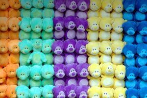 A vibrant collection of plush bears is arranged in neat vertical rows by color, including orange, mint green, purple, yellow, and blue. The image showcases the visual appeal of colorful stuffed toys and highlights variety in plush toy design and presentation.