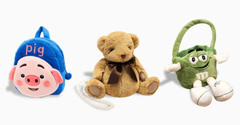 A set of creative plush products including a pig-shaped backpack, a teddy bear plush, and a character plush bag, demonstrating versatile plush toy and accessory designs.