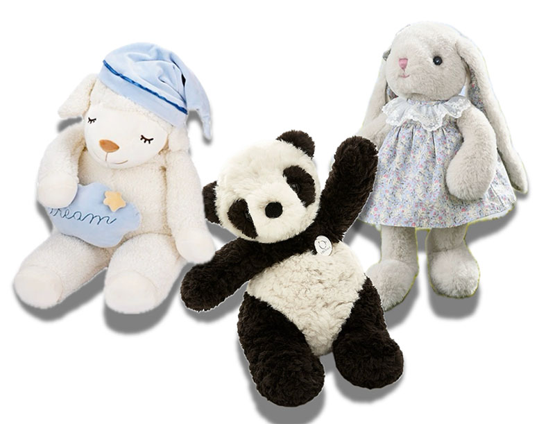 A collection of soft plush animal dolls including a sleeping lamb with a nightcap, a panda teddy, and a dressed bunny rabbit, designed as comforting toys for children or decorative plush gifts.