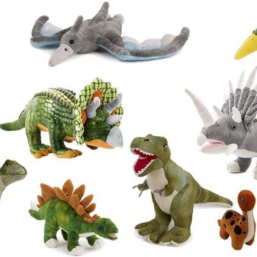 Assorted dinosaur plush toys including T-rex, triceratops, stegosaurus, pterodactyl, and long-neck dinosaurs on a white background