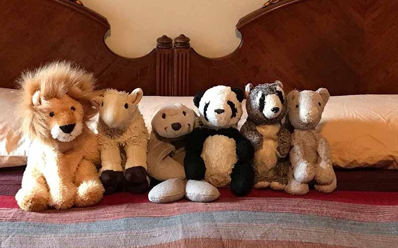 A row of well-loved stuffed animal toys lined up on a bed, including a lion, panda, and other plush animals arranged neatly.
