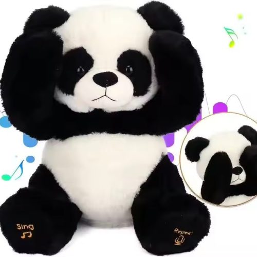 Interactive panda plush toy with black-and-white fur, covering its ears playfully, featuring singing and repeat-what-you-say functions, shown with musical note graphics.
