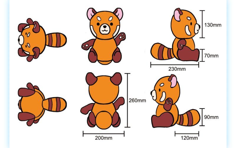 Multi-angle illustration of an orange animal plush toy shown from front, back, side, and top views, with labeled dimensions in millimeters indicating overall height, width, depth, and sitting proportions for production reference.