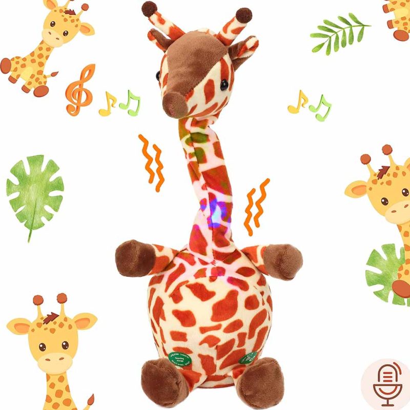 Interactive giraffe stuffed animal with a long neck, soft plush body, and built-in LED lights, designed to play music and respond to touch, displayed on a playful safari-themed background.