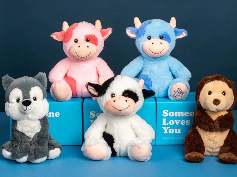 Six plush animal toys arranged in two rows against a blue background, including pink and blue cows, a black-and-white cow, a gray wolf, and a brown monkey, displayed with blue gift boxes that read ‘Someone Loves You.