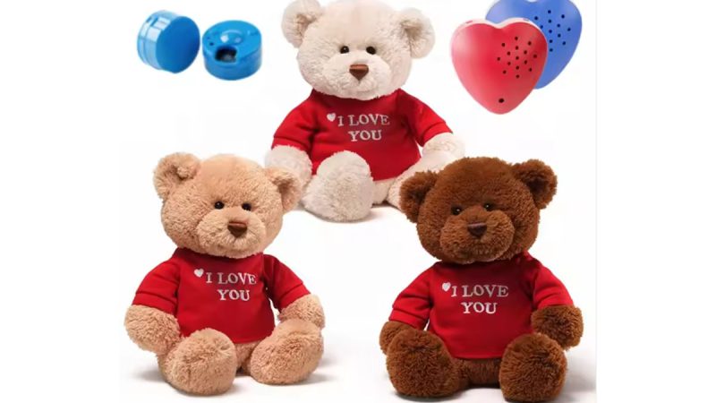 Teddy bear plush toys wearing red “I Love You” shirts with heart-shaped sound modules and voice recorder components