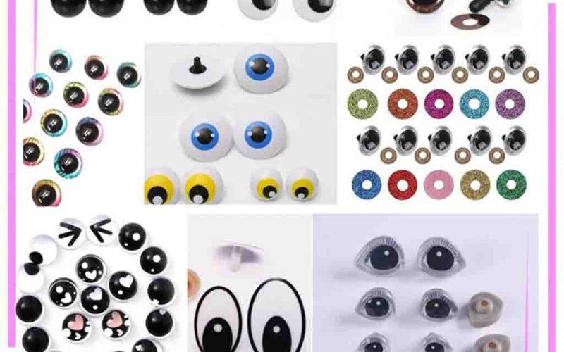 Assorted plastic safety eyes in different colors, shapes, and sizes used for plush toy customization.