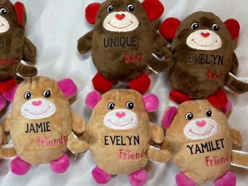 A collection of personalized monkey plush toys in brown and beige colors, each embroidered with individual names and words like “Best” and “Friends,” featuring soft plush fabric and bright accent details, ideal for custom stuffed animal gifts, friendship keepsakes, or personalized plush toy collections.