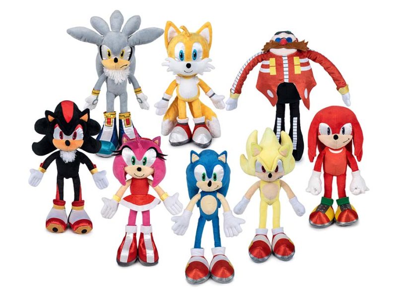 Full lineup of licensed hedgehog character plush toys featuring multiple character silhouettes, precise color matching, embroidered facial details, articulated limb construction, and consistent scale control, showcasing professional licensed plush manufacturing, multi-character set production, and OEM quality consistency for entertainment merchandise.