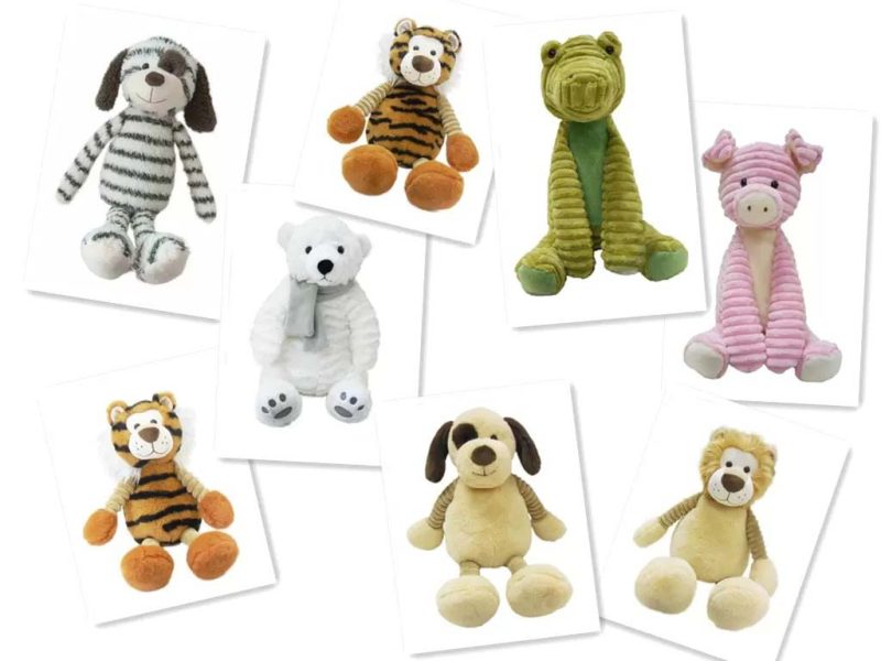 A collection of various soft animal plush toys arranged in a scattered collage layout, including a striped dog, tiger, green crocodile, pink pig, white polar bear, beige dog, and lion. Each plush toy features long limbs, soft textures, and playful designs on individual white background cards.