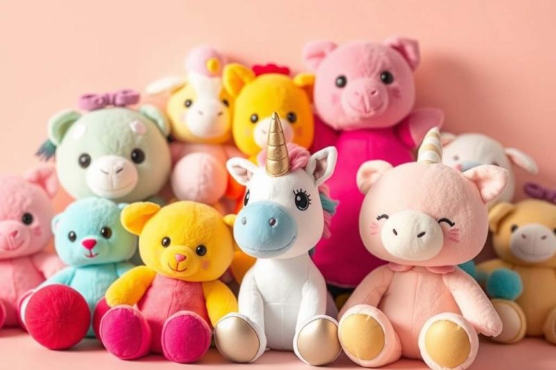 A group of pastel-colored animal plush toys, including unicorn and pig designs, arranged for a bright and cheerful display.