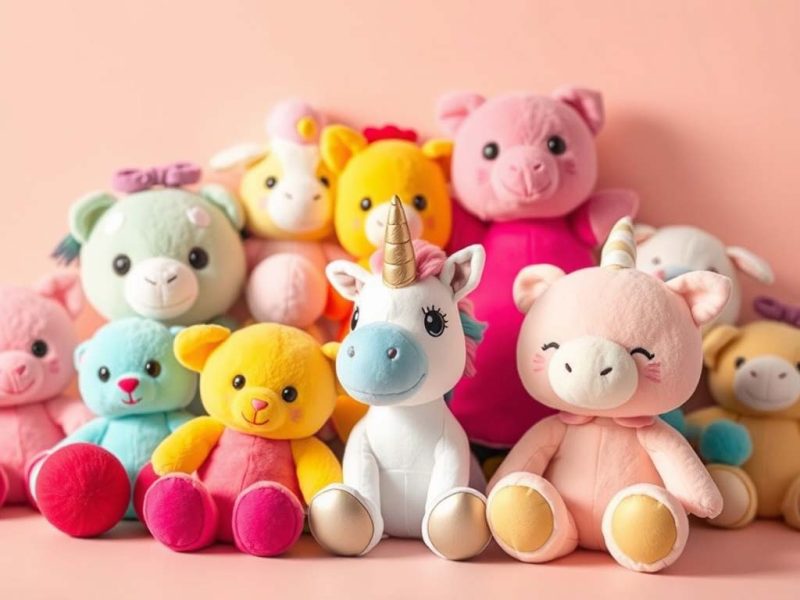 A group of pastel-colored animal plush toys, including unicorn and pig designs, arranged for a bright and cheerful display.