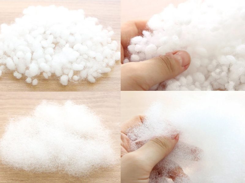 Close-up collage showing polyester and pearl cotton stuffing used for plush toys, held by hand and placed on a wooden surface.