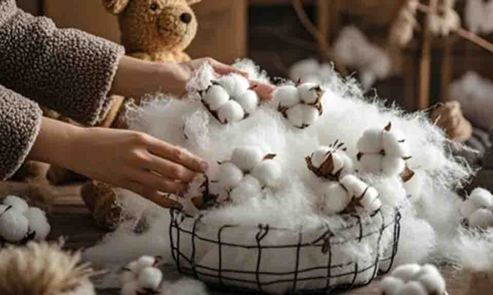 Hands placing raw cotton bolls into a basket filled with fluffy plush stuffing beside a teddy bear.