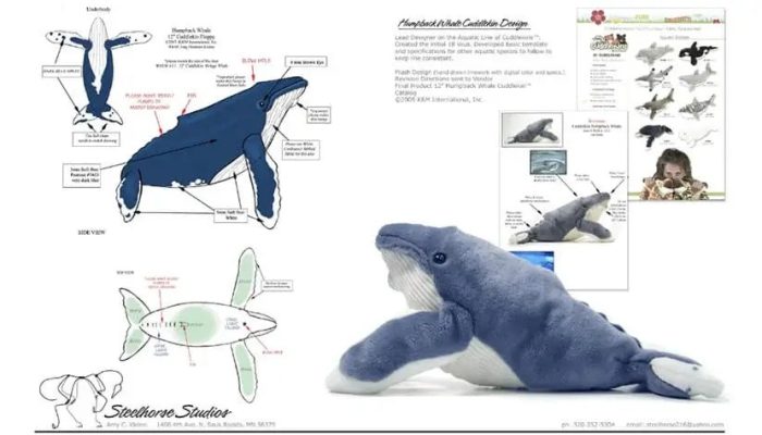 Plush whale toy with detailed pattern sheet and design sketches
