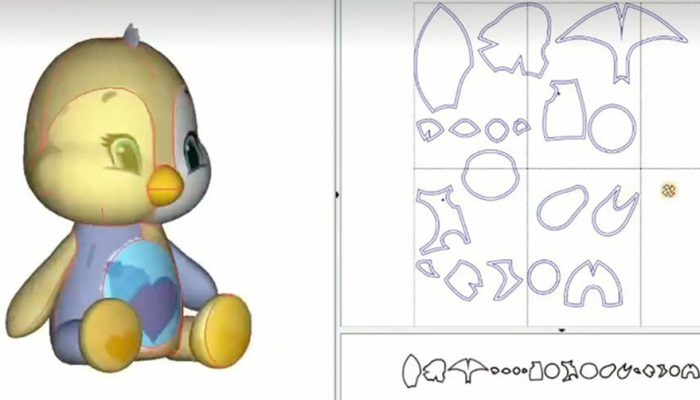 Computer-aided design showing a 3D plush penguin model alongside digital sewing patterns used for plush toy manufacturing.