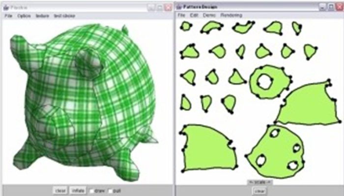 Side-by-side display of a 3D green plaid plush model and its automatically generated flat pattern pieces in design software