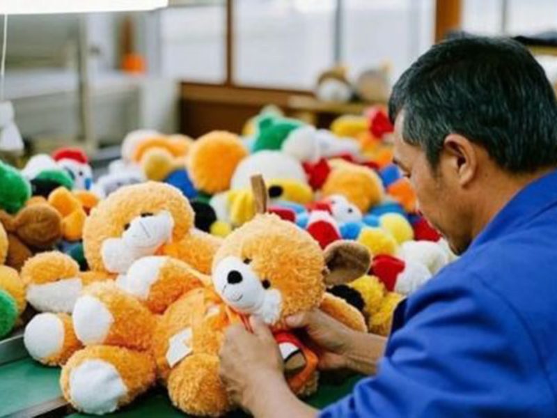 Factory worker checking a teddy bear among colorful plush toys during quality inspection at a plush toy manufacturing workshop.