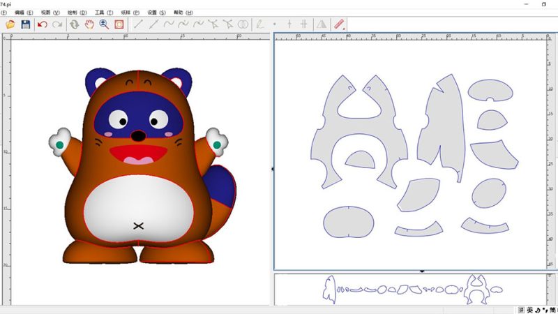 Digital plush toy design software interface showing a colorful raccoon character on the left and its corresponding flat sewing pattern pieces on the right, demonstrating 2D-to-3D plush pattern creation.