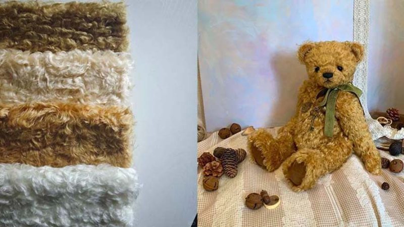 Various shades of mohair fabric and a handmade teddy bear made from mohair, showcasing premium material for vintage-style plush toys.